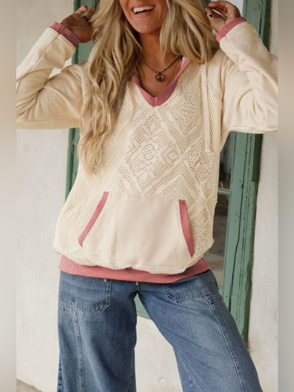 Crochet Knit Contrast Trim Hoodie